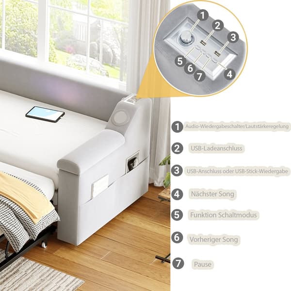 HOMAIRE Multifunktionell bäddsoffa med Bluetooth, USB och sammetstyg, metallram Grå 216 x 97 x 69 cm