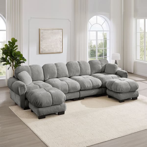 HOMAIRE 4-sits U-soffa i chenille, modulär med 2 flyttbara ottomaner, ljusgrå Ljusgrå 330 x 149 x 90 cm
