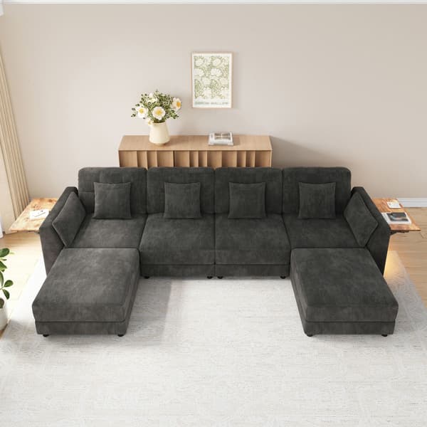 HOMAIRE modulsoffa U-/L-form med 2 flyttbara pallar, LED-belysning och fällbart armstödsbord, inkl. 6 kuddar, Chenille, grå Grå 292 x 135 x 82 cm