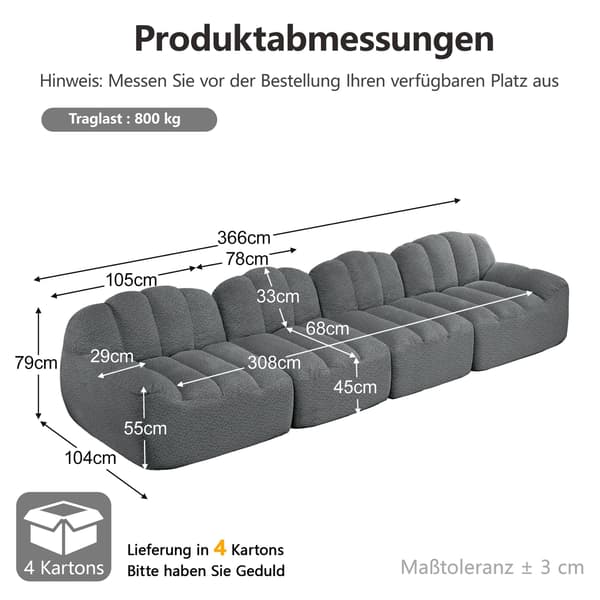 HOMAIRE 4-sits modulsoffa i musselform med högdensitetsskum, grå Grå 366 x 104 x 79 cm