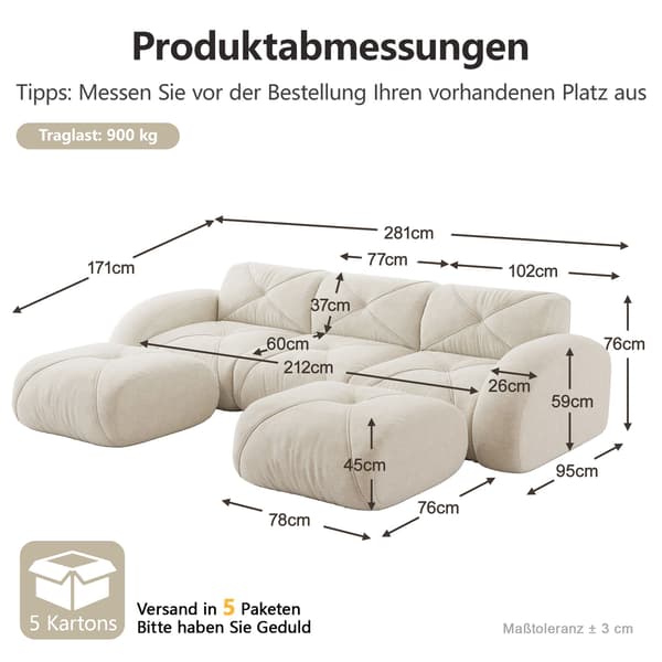 HOMAIRE U-formad 3-sits modulsoffa med 2 pallar, ljusbeige chenille Light beige 281 x 171 x 76 cm