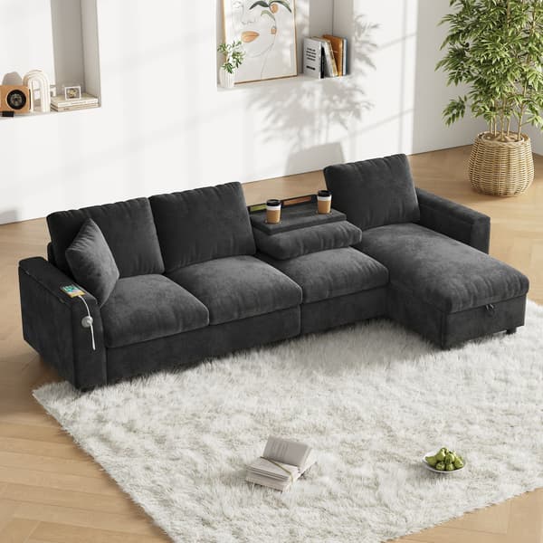 HOMAIRE Chenille-soffa med L-form, förvaring och utdragbart soffbord, grå Grå 280 x 137 x 84 cm