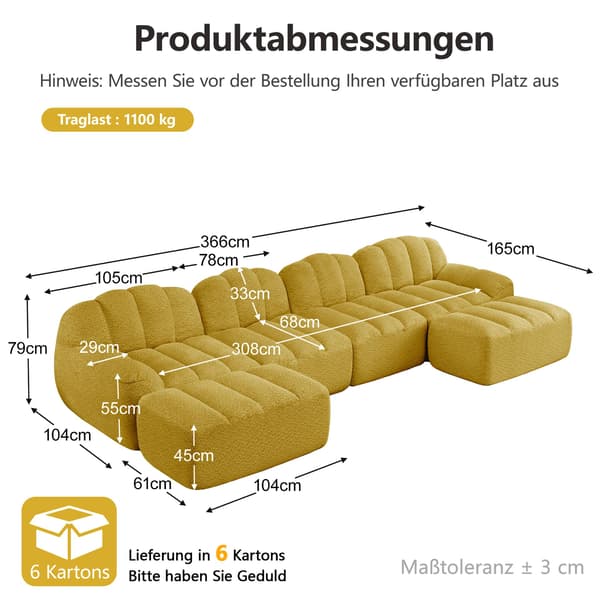 HOMAIRE 4-sits U-format modulsoffa med 2 ottomaner, gul Gul 366 x 165 x 79 cm