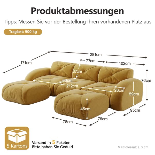 HOMAIRE U-formad 3-sits modulsoffa med 2 pallar, gul chenille Gul 281 x 171 x 76 cm