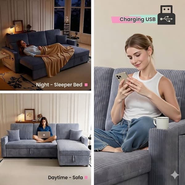 HOMAIRE L-formad soffa med bäddfunktion och förvaring, grå Manchester Grå