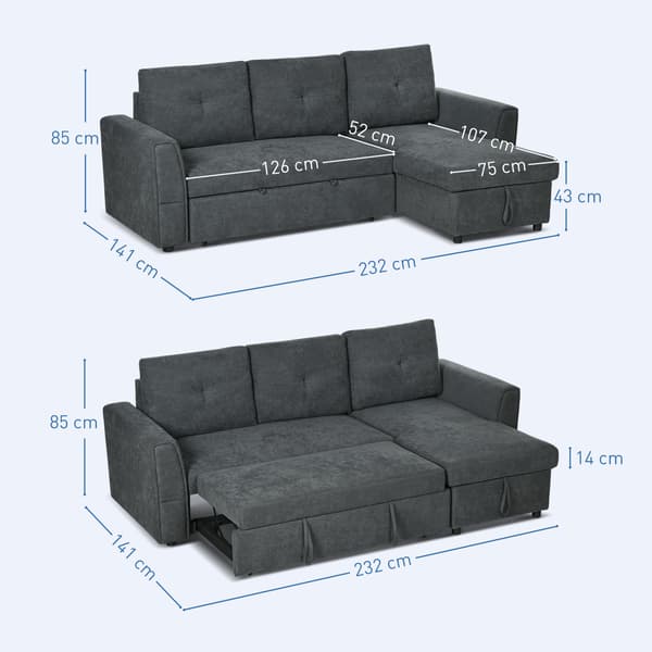HOMAIRE 3-sits soffa med bäddfunktion och chaiselong, mörkgrå polyester Mörkgrå