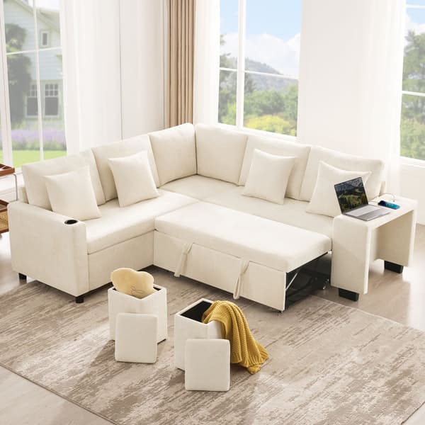 HOMAIRE L-format bäddsoffa med förvaring, USB & USB-C, beige chenille Beige 220 x 205 x 86.5 cm