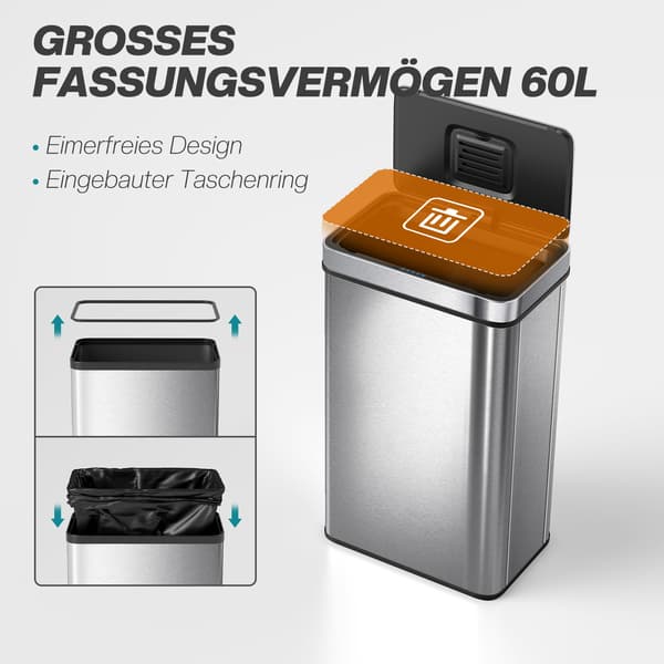 HOMAIRE 60 L sensorstyrd soptunna med automatisk lock, rostfritt stål, silver Silver