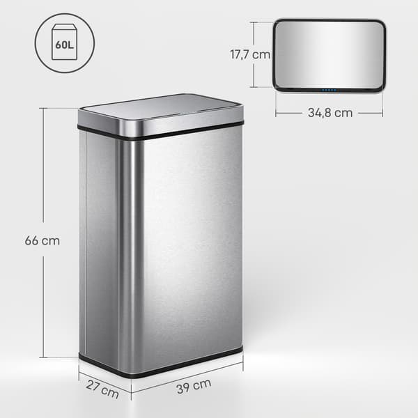 HOMAIRE 60 L sensorstyrd soptunna med automatisk lock, rostfritt stål, silver Silver