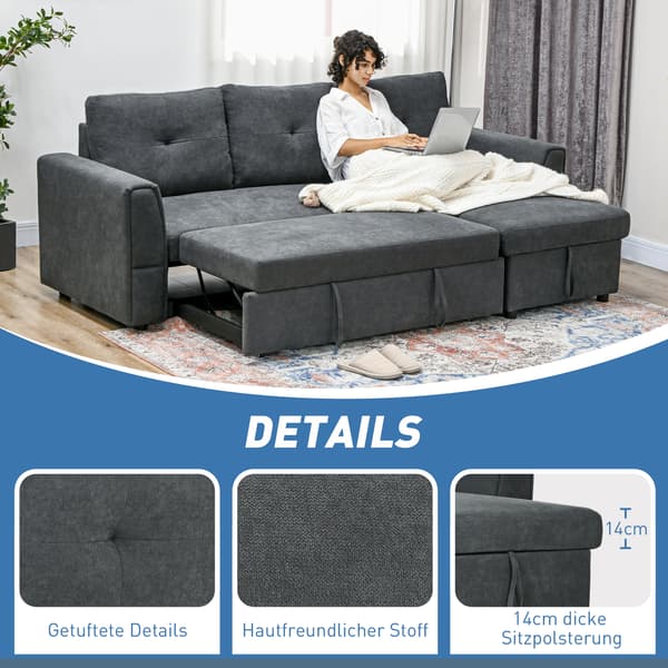 HOMAIRE 3-sits soffa med bäddfunktion och chaiselong, mörkgrå polyester Mörkgrå