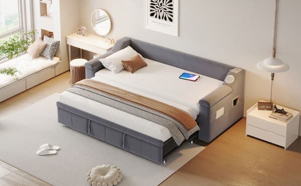 HOMAIRE Polsterbett Schlafsofa 90/180x190 cm med Bluetooth, USB och förvaring, grå sammet Grå 216 x 97 x 69 cm
