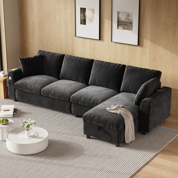 HOMAIRE Chenille-soffa med L-form, förvaring och utdragbart soffbord, grå Grå 280 x 137 x 84 cm