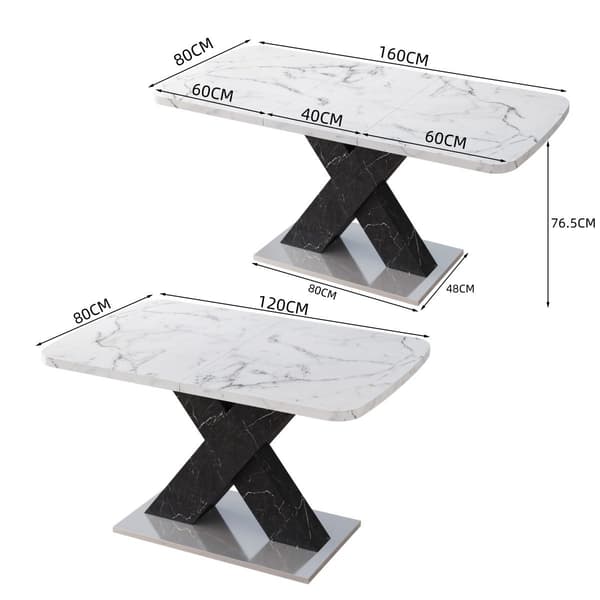 HOMAIRE Modern rektangulär matbord, utdragbart, vit marmor, svart MDF X-ben, metallbas Vit+Svart 160 x 80 x 76.5 cm