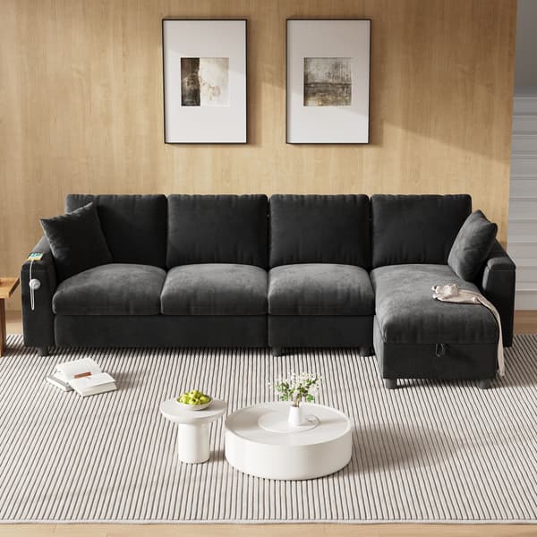 HOMAIRE Chenille-soffa med L-form, förvaring och utdragbart soffbord, grå Grå 280 x 137 x 84 cm