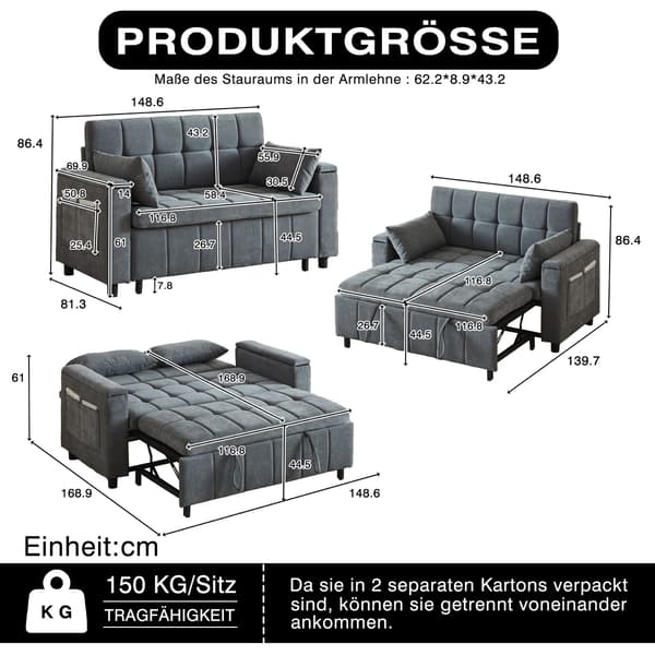 HOMAIRE 3-i-1 Chenille 2-sits soffa med förvaring, bäddfunktion och sidofickor, robust metallram, multifunktionell för vardagsrum och gästrum, grå Grå