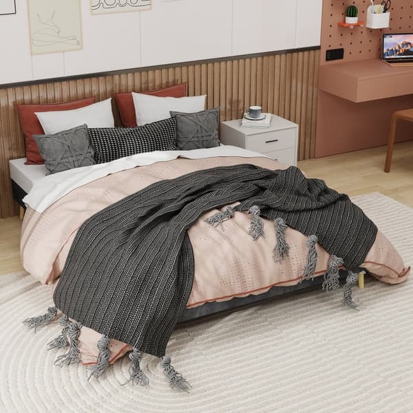 HOMAIRE Modern Minimalist Grå Plattformssäng med Stabil Multi-Support Bas Grå 200 x 160 x 14 cm