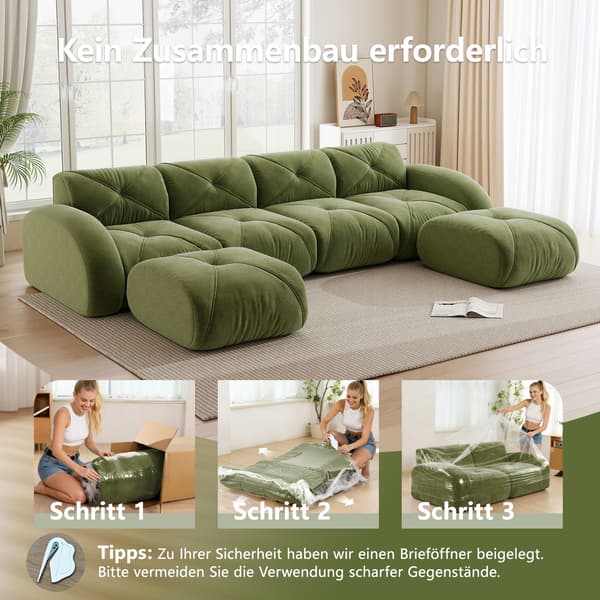 HOMAIRE U-formad modulsoffa 4-sits med 2 pallar, grön chenille Grön 358 x 171 x 76 cm