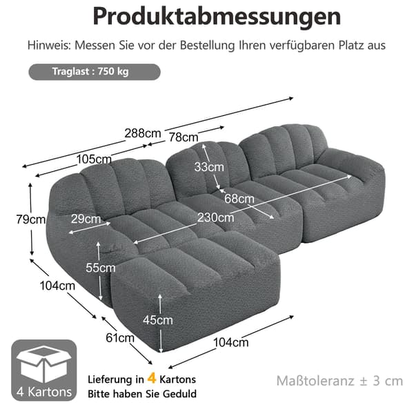 HOMAIRE 3-sits modulsoffa i L-form med ottoman, grå Grå 288 x 165 x 79 cm