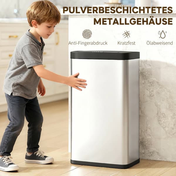 HOMAIRE Sensor-Müllkärl 45L rostfritt stål med soft-close, rörelsesensor för kök, sovrum, kontor, silver Silver 38 x 25.5 x 67.5 cm