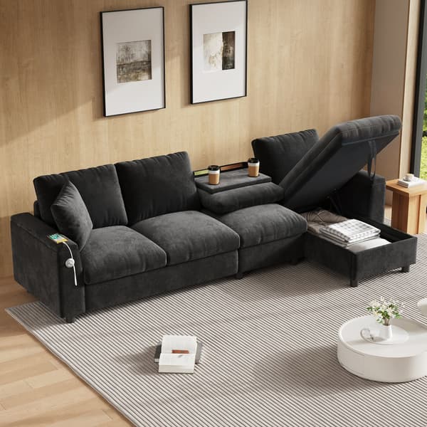 HOMAIRE Chenille-soffa med L-form, förvaring och utdragbart soffbord, grå Grå 280 x 137 x 84 cm