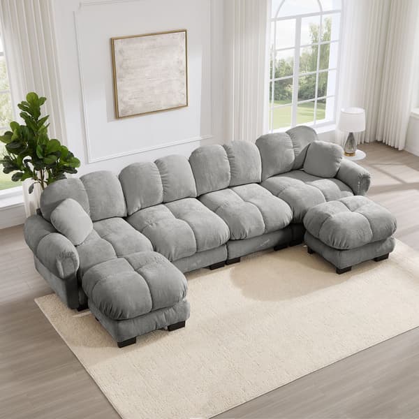HOMAIRE 4-sits U-soffa i chenille, modulär med 2 flyttbara ottomaner, ljusgrå Ljusgrå 330 x 149 x 90 cm