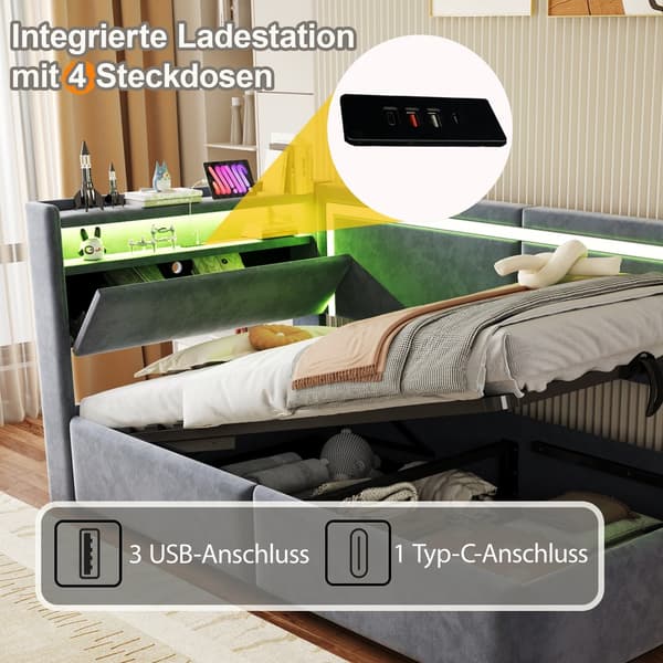 HOMAIRE Multifunktionell bäddsoffa med hydraulisk förvaring, LED-belysning och USB-portar, sammet grå Grå 218 x 99 x 87 cm
