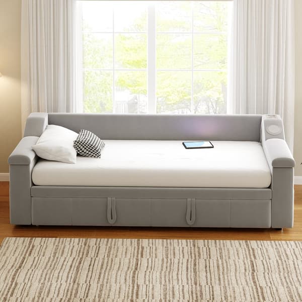 HOMAIRE Multifunktionell bäddsoffa med Bluetooth, USB och sammetstyg, metallram Grå 216 x 97 x 69 cm
