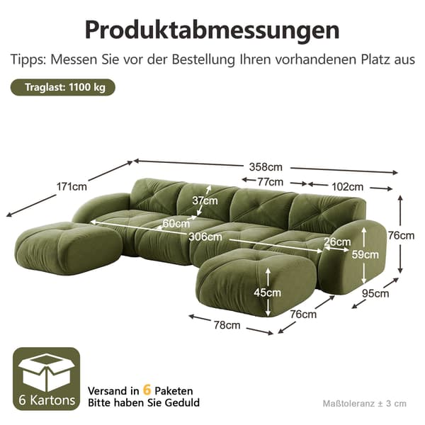 HOMAIRE U-formad modulsoffa 4-sits med 2 pallar, grön chenille Grön 358 x 171 x 76 cm