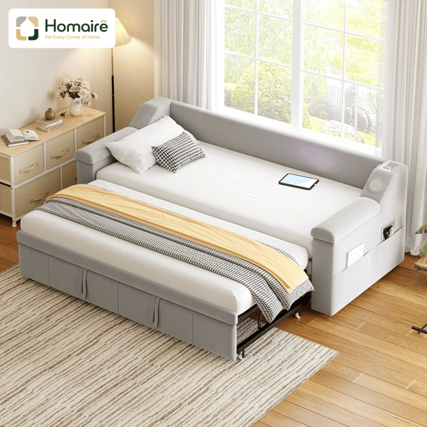 HOMAIRE Multifunktionell bäddsoffa med Bluetooth, USB och sammetstyg, metallram Grå 216 x 97 x 69 cm