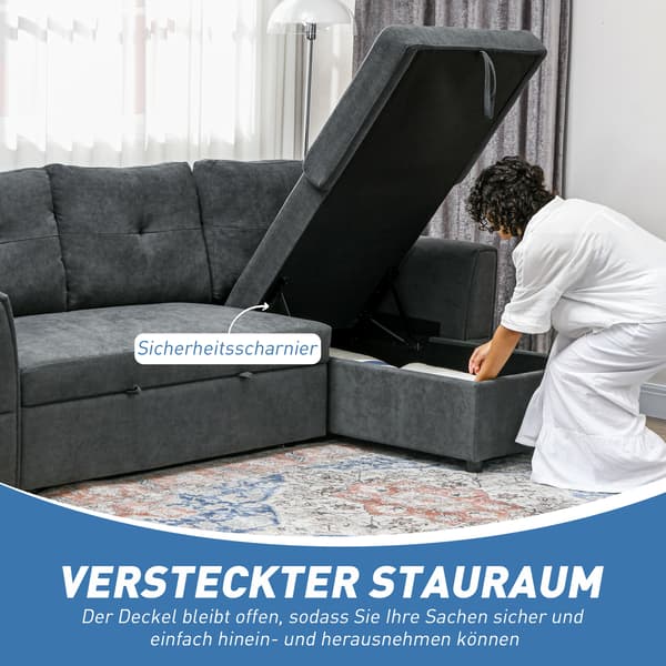 HOMAIRE 3-sits soffa med bäddfunktion och chaiselong, mörkgrå polyester Mörkgrå