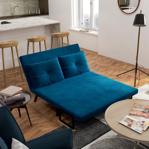 HOMAIRE 2-sits bäddsoffa i sammet med 2 kuddar, blå, justerbar ryggstöd Blå