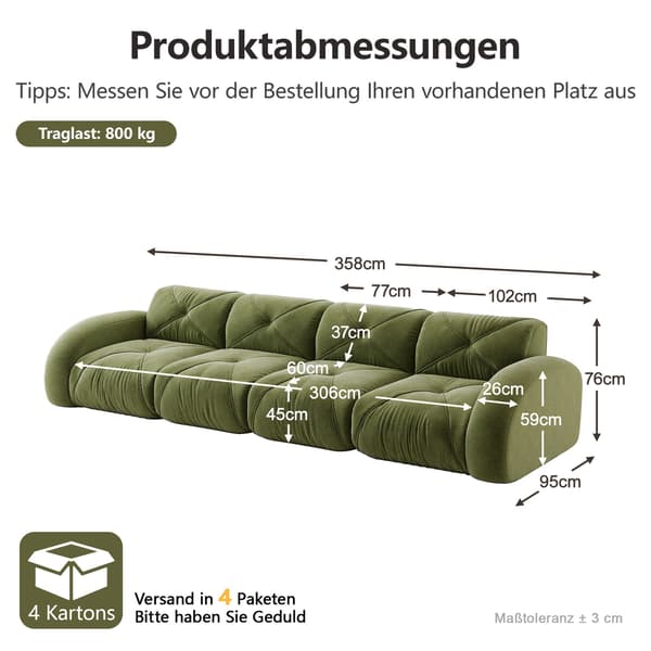 HOMAIRE ramfritt modulsoffa 4-sits grön i chenille Grön 358 x 95 x 76 cm