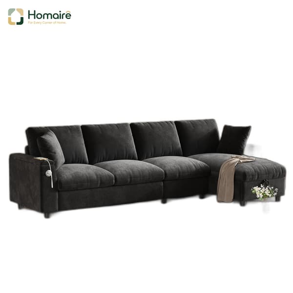 HOMAIRE Chenille-soffa med L-form, förvaring och utdragbart soffbord, grå Grå 280 x 137 x 84 cm