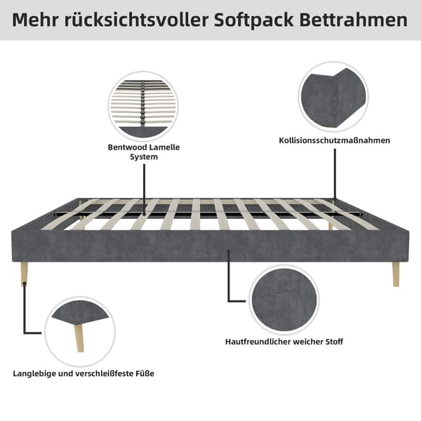 HOMAIRE Modern Minimalist Grå Plattformssäng med Stabil Multi-Support Bas Grå 200 x 160 x 14 cm
