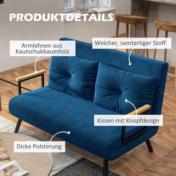 HOMAIRE 2-sits bäddsoffa i sammet med 2 kuddar, blå, justerbar ryggstöd Blå
