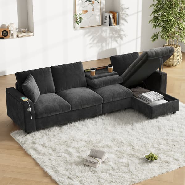 HOMAIRE Chenille-soffa med L-form, förvaring och utdragbart soffbord, grå Grå 280 x 137 x 84 cm