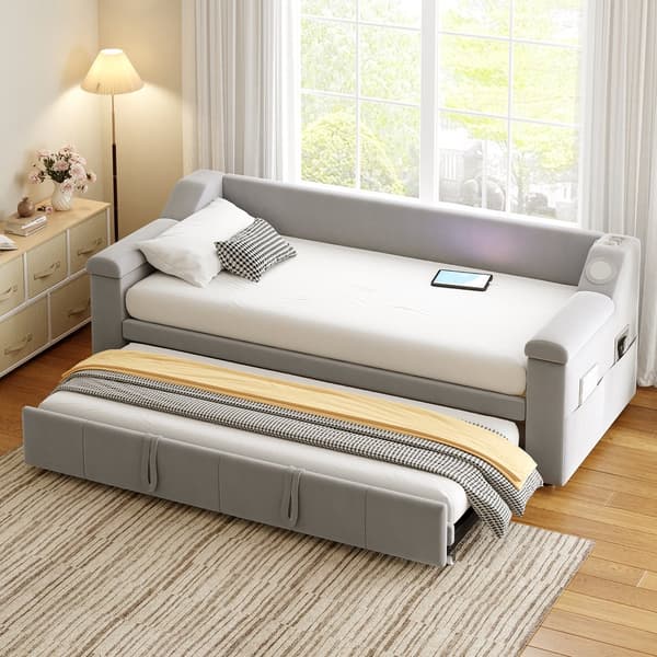 HOMAIRE Multifunktionell bäddsoffa med Bluetooth, USB och sammetstyg, metallram Grå 216 x 97 x 69 cm