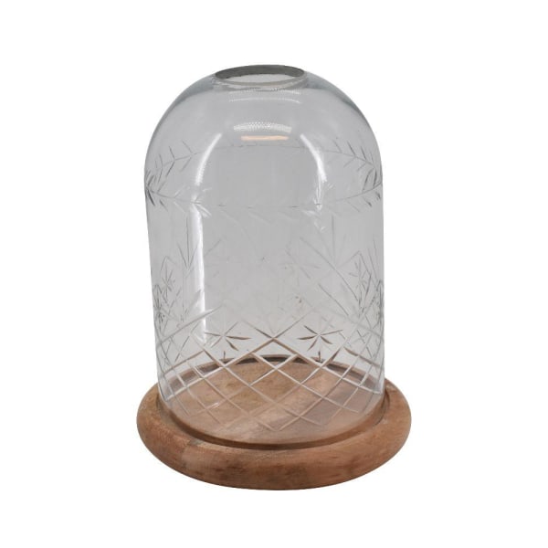 Dekorativ Glasklocka med slipningar, på träfat H24xD16 cm Transparent