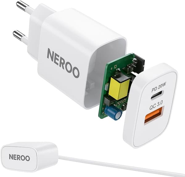 NEROO 20W iPhone charger med 2m USB-C Kabel – Dual Port USB-C & USB-A – iPhone 15, Samsung, iPad 2 m
