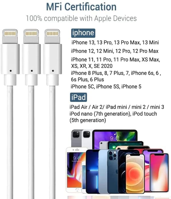 iPhone-laddningskabel, 3-pack 1 meter kompatibel med iPhone 12/11 Pro Mini SE XS Max X XR 8 7 6s Plus - Vit 1 m