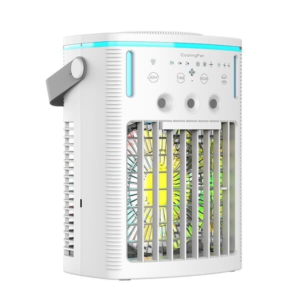 Bærbar mini-aircondition med køleblæser, støjsvag drift, 3 tilstande, 2/4/8 timers timer, tågefunktion, luftfugter og RGB natlys