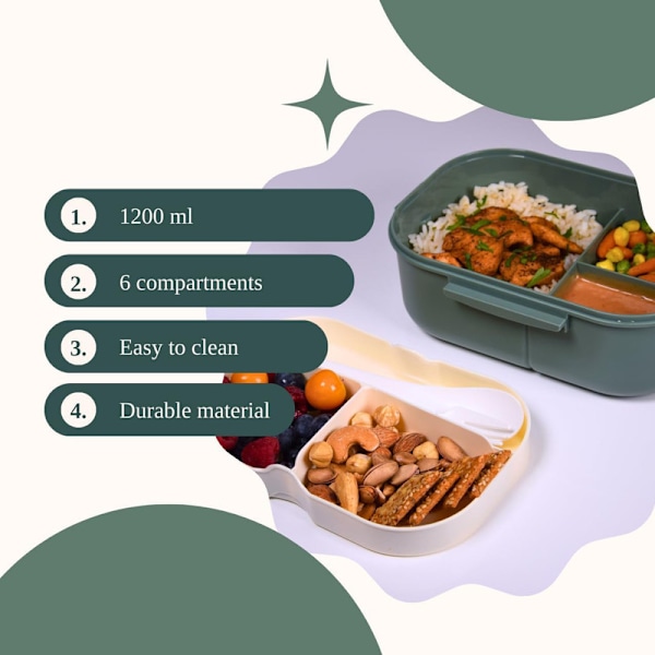 Bento-lunchlåda med fack, 2-lagers matlåda läckagesäker för vuxna, salladslåda to-go, frukostlåda, snacklåda för kontor och utflykter grön