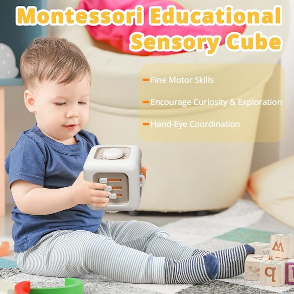 Sensorisk leksak för småbarn 1–3 år, Montessori-leksak från 1 år, Reseleksak för bebis 12–18 månader, Aktivitetskub födelsedagspresent till 1-åring