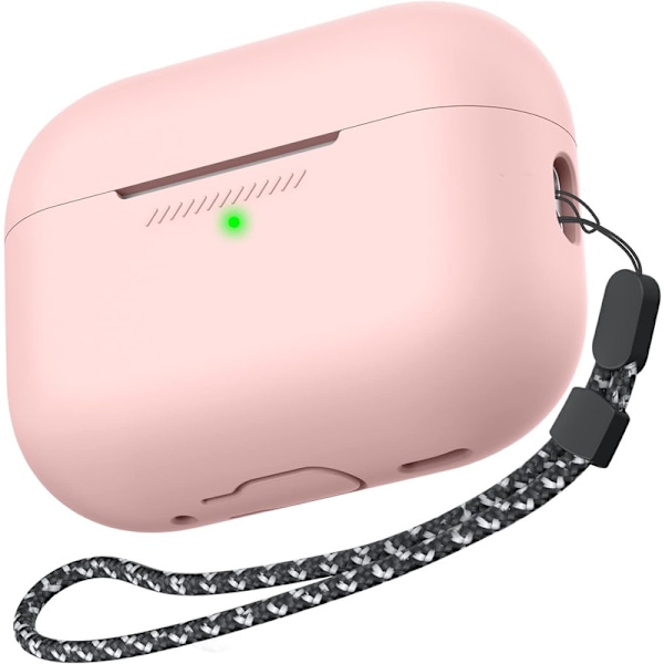 Silikonskal för AirPods Pro 2 med handledsrem – Stöd för USB-C, synlig front-LED, kompatibel med 2:a generationen rosa