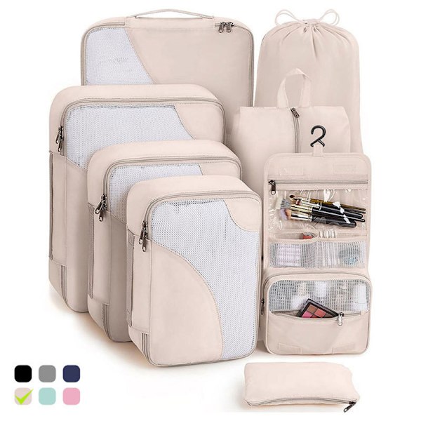 8 Sæt Pakkekuber til Rejser, Robust Kuffert Organizer i 4 Størrelser (Ekstra Stor, Stor, Medium, Lille), Bagagekuber med Toilet taske beige