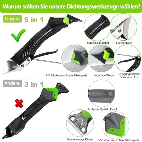 5-in-1 Silicone Cleaning Tool Set – Caulking Scraper / Silicone Scraper / Sealing Tool - 6 Replaceable Tips