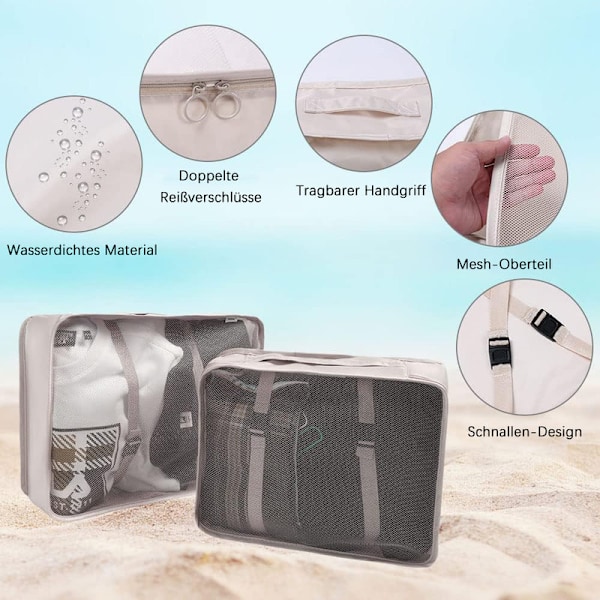 8-osainen pakkauskuutiosetti – vedenpitävät matkajärjestäjät vaatepusseilla, kenkäpussilla ja USB-kaapelitaskulla matkalaukkuun beige