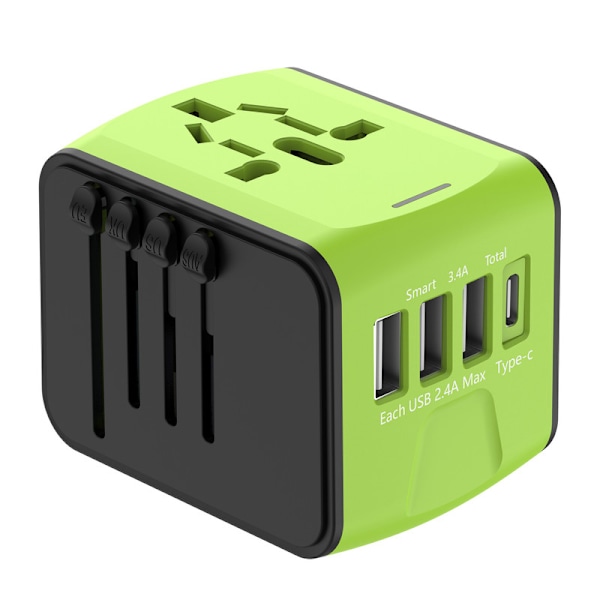 Universal Rejseadapter – Alt-i-én Stik med 3×USB-A & 1×USB-C, Fungerer i EU/UK/US/AUS