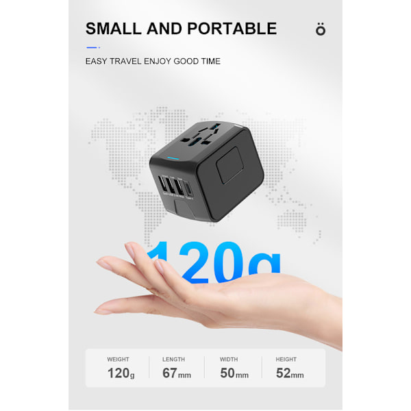 Universaali matkasovitin – All-in-One pistoke 3×USB-A & 1×USB-C, toimii EU/UK/US/AUS musta
