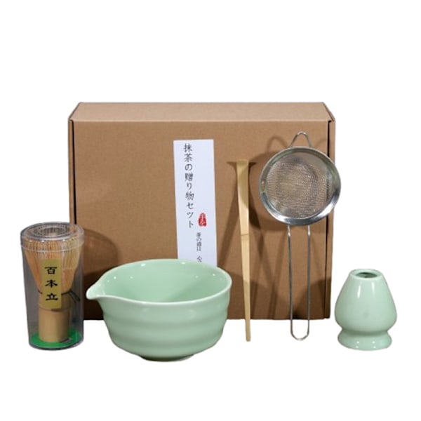 Keraaminen teesetti, sisältää matcha-kulhon, Matcha vispilätelineen ja matcha-vispilän, 5-osainen setti turkoosi